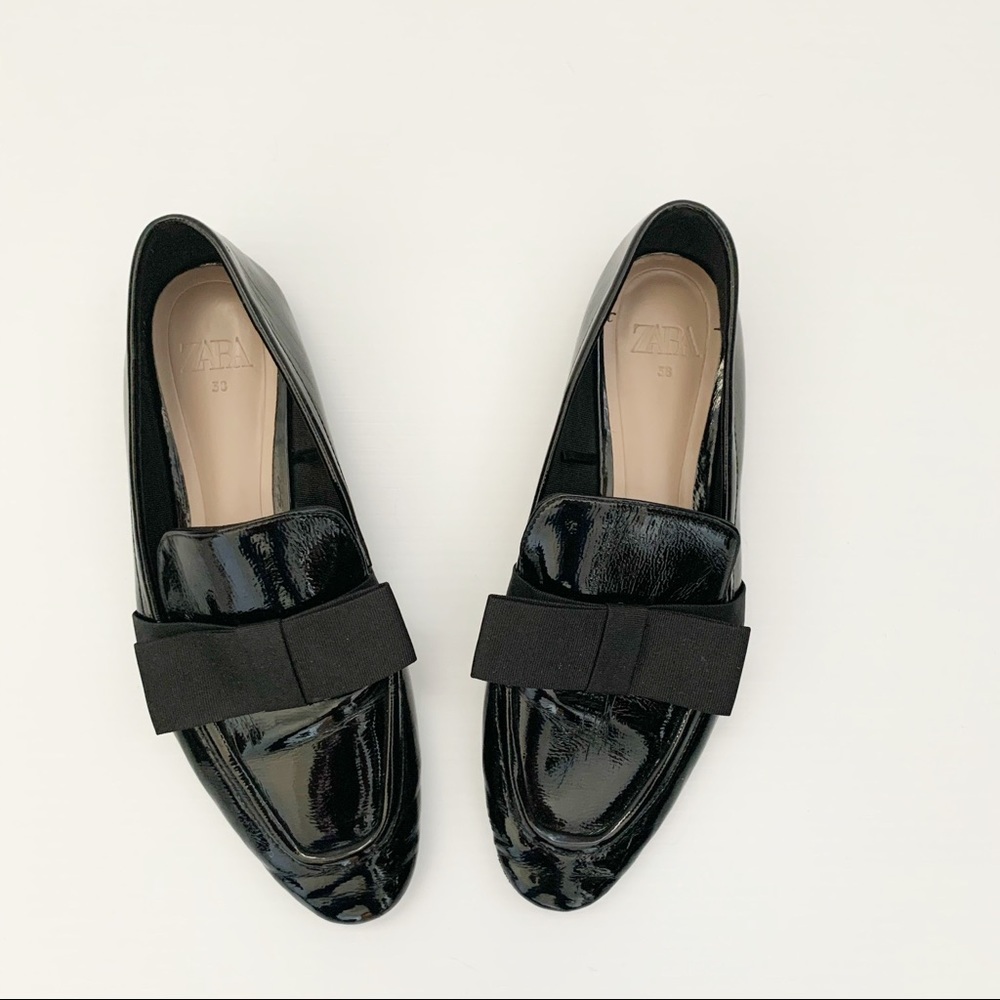 Zara faux patent leather loafers with bow tie